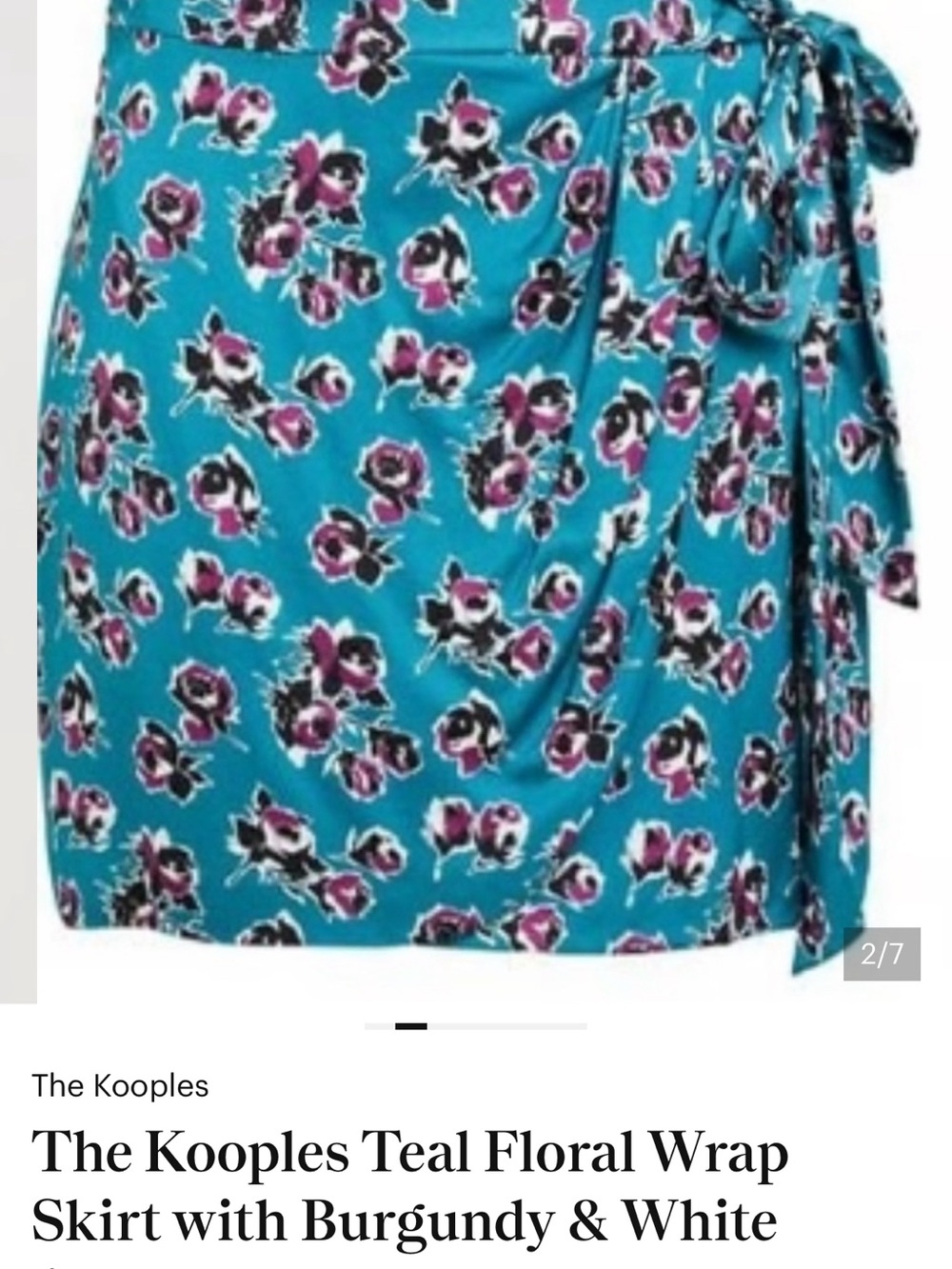 The Kooples Teal Floral Wrap Skirt with Burgundy & White Accents